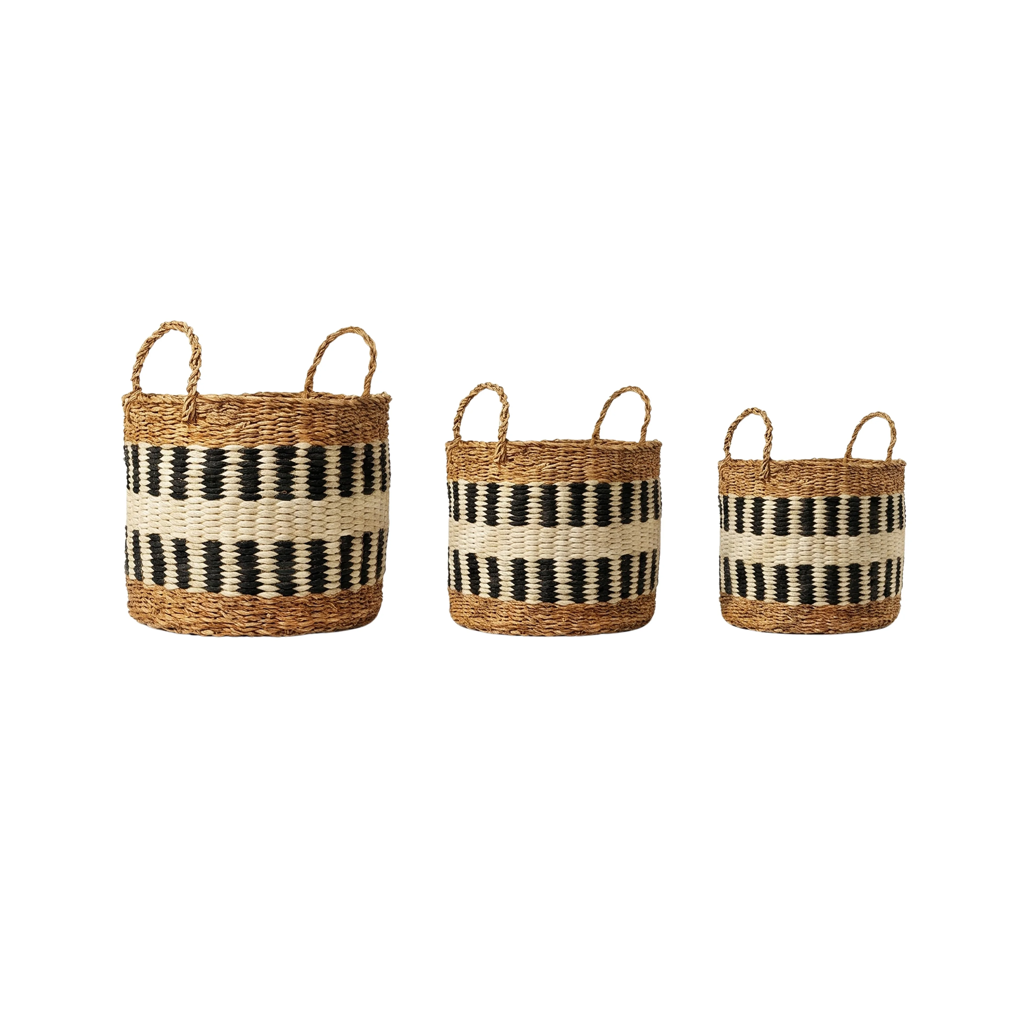 Seagrass & Jute Multipurpose Basket Set -3pcs with Black & White Design