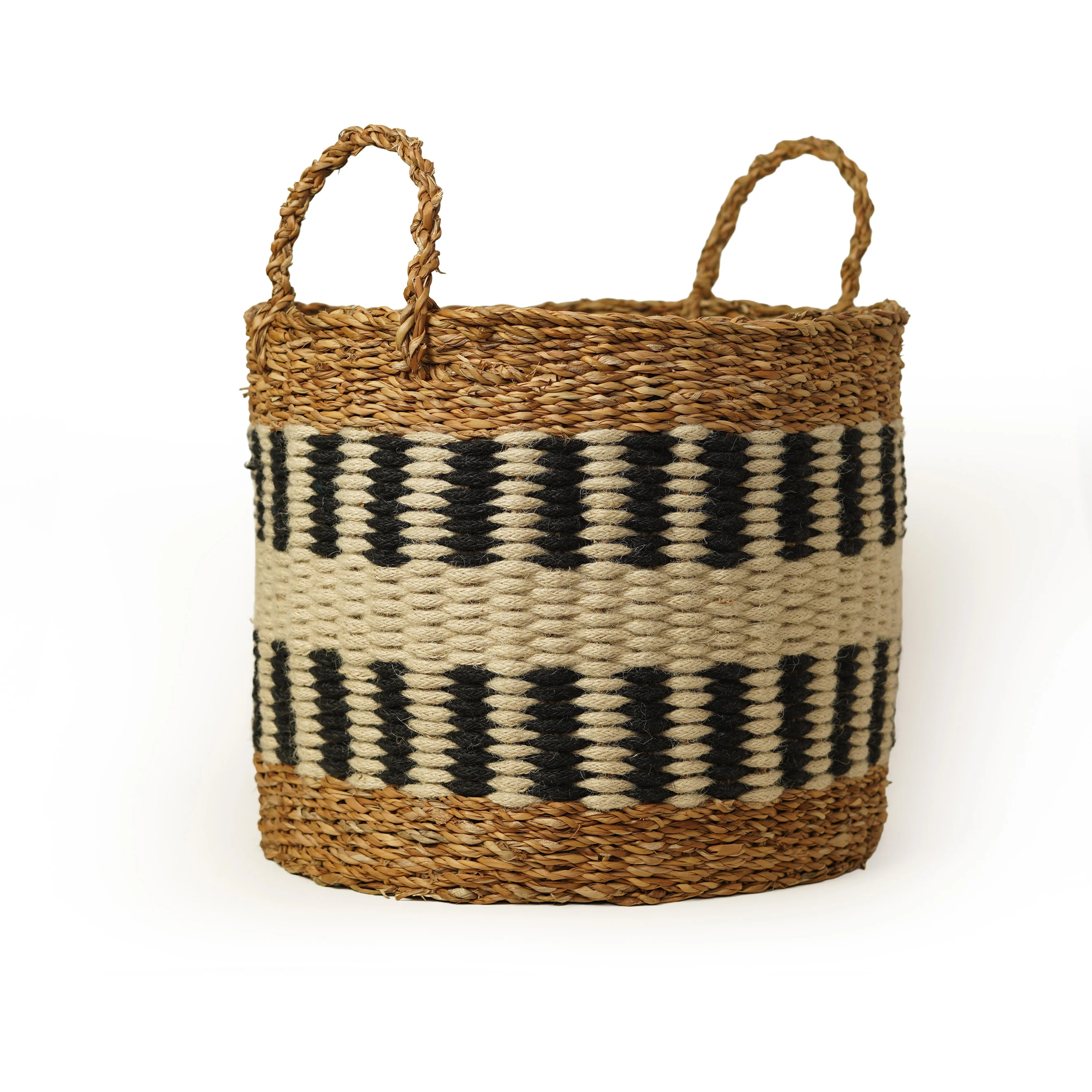 Seagrass & Jute Multipurpose Basket Set -3pcs with Black & White Design - Thumbnail 2