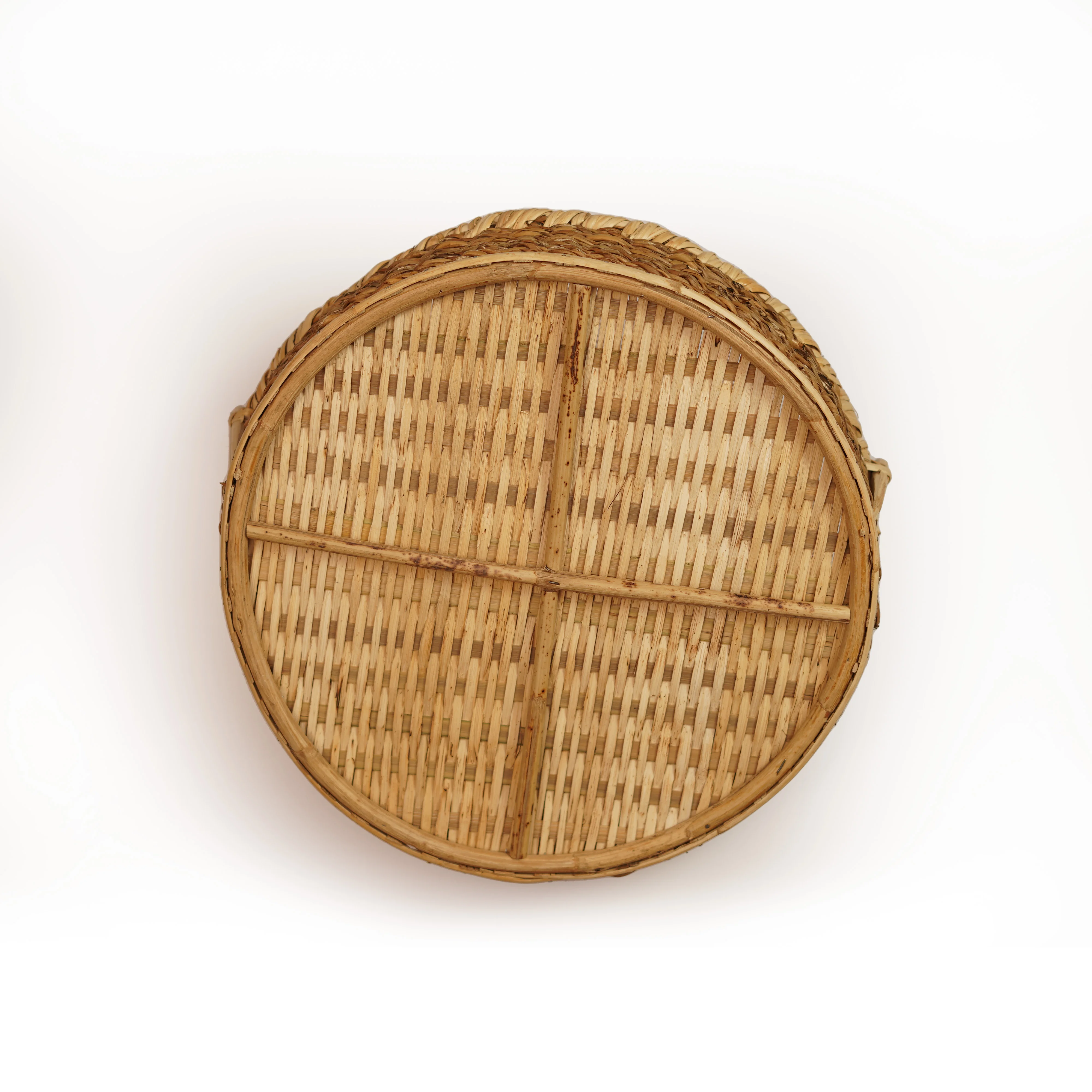 Hand-Woven Round Rattan Organizer Basket with High Handles