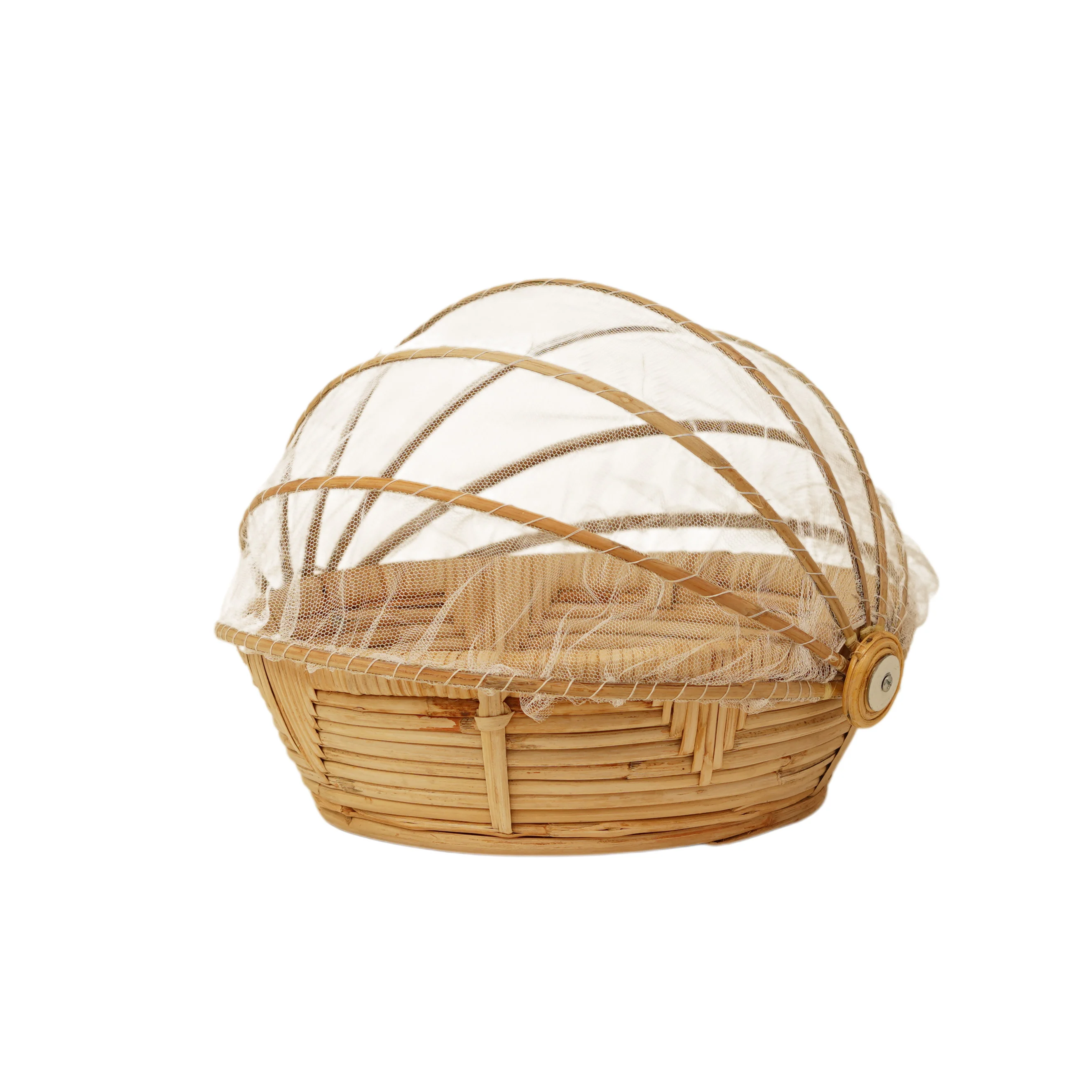 Handwoven Cane Rattan Serving Basket with Mesh Cover Lid