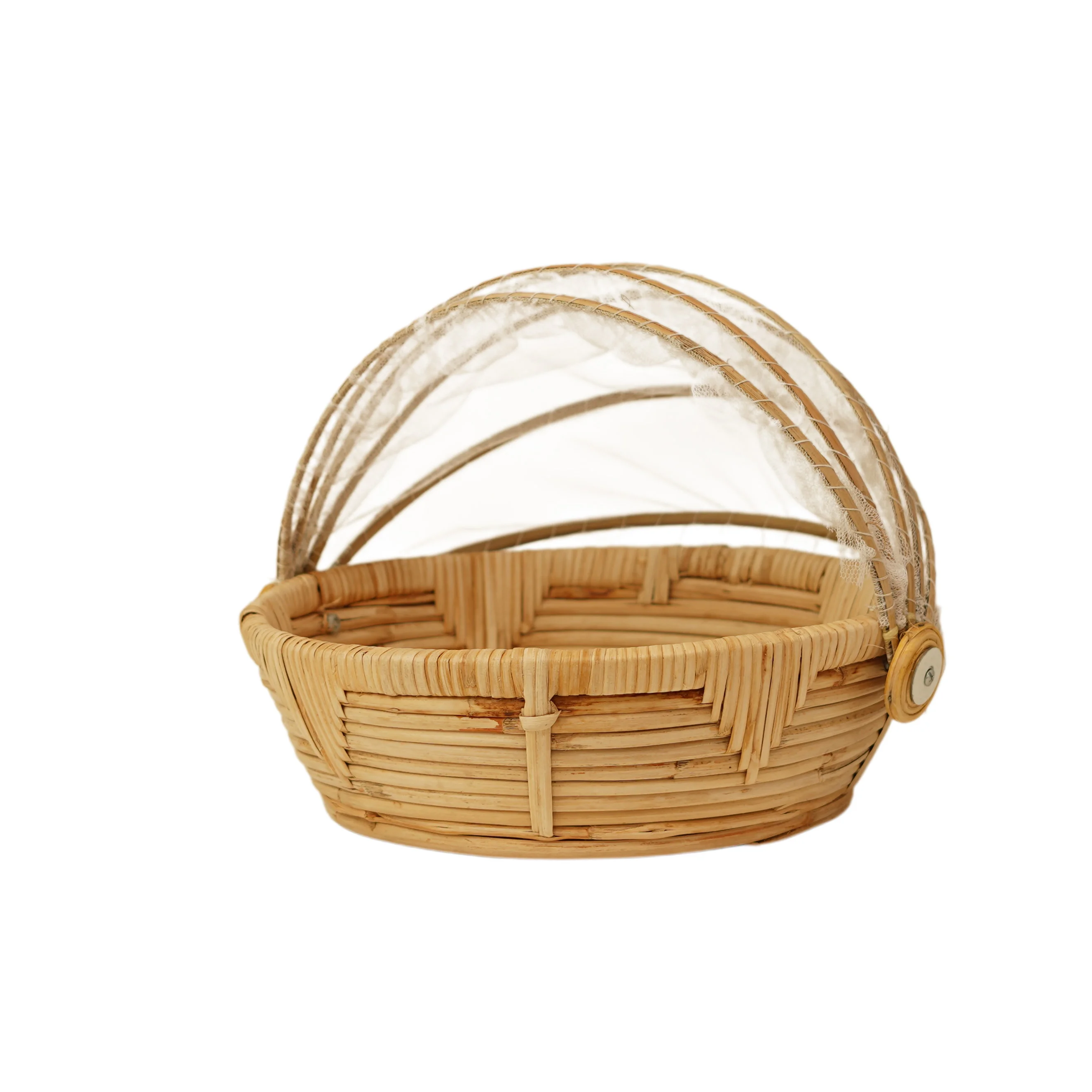 Handwoven Cane Rattan Serving Basket with Mesh Cover Lid