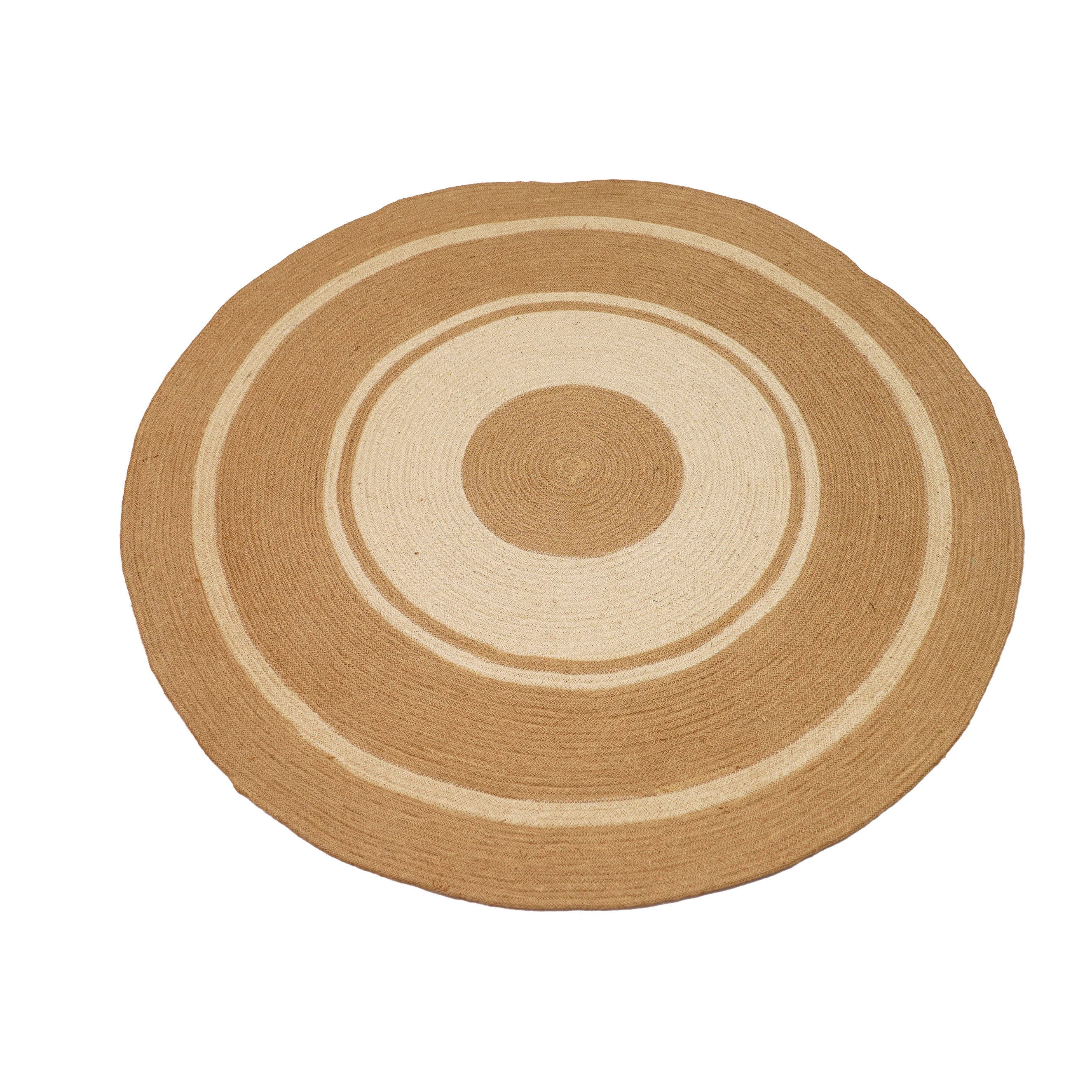 Handwoven Round Jute Rug with Concentric Stripe Design – Natural Minimal Style