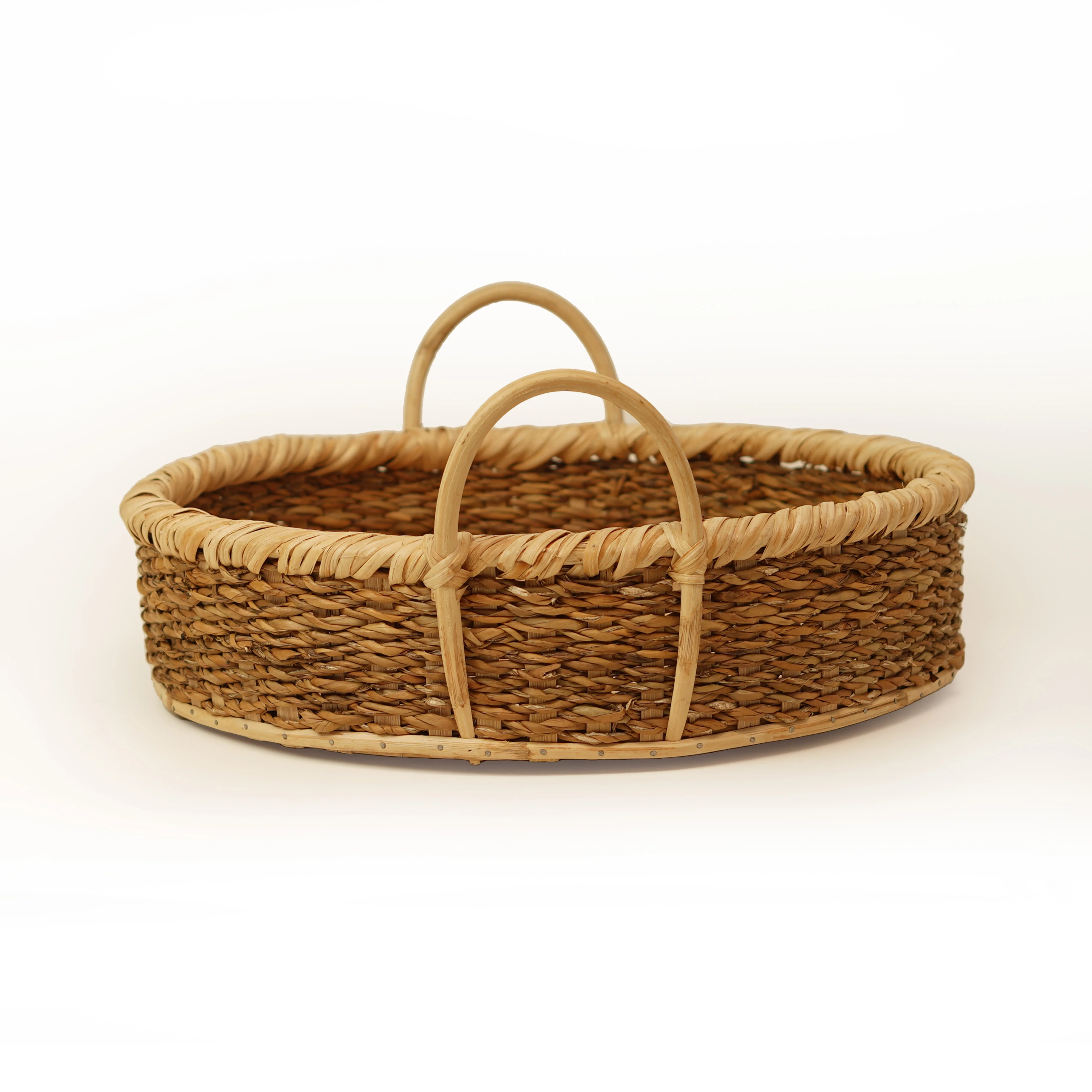 Hand-Woven Round Rattan Organizer Basket with High Handles - Thumbnail 2